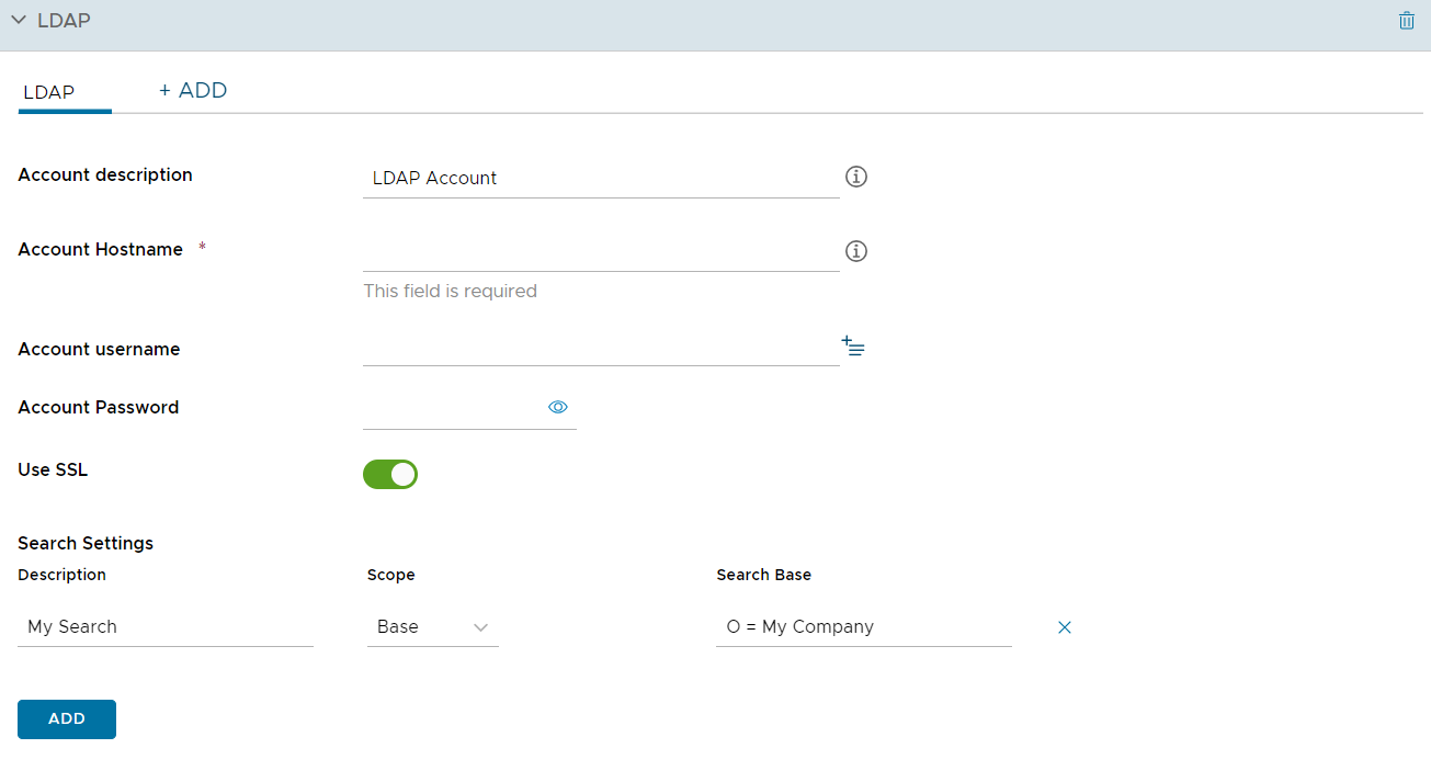 UEM console showing LDAP profile settings page