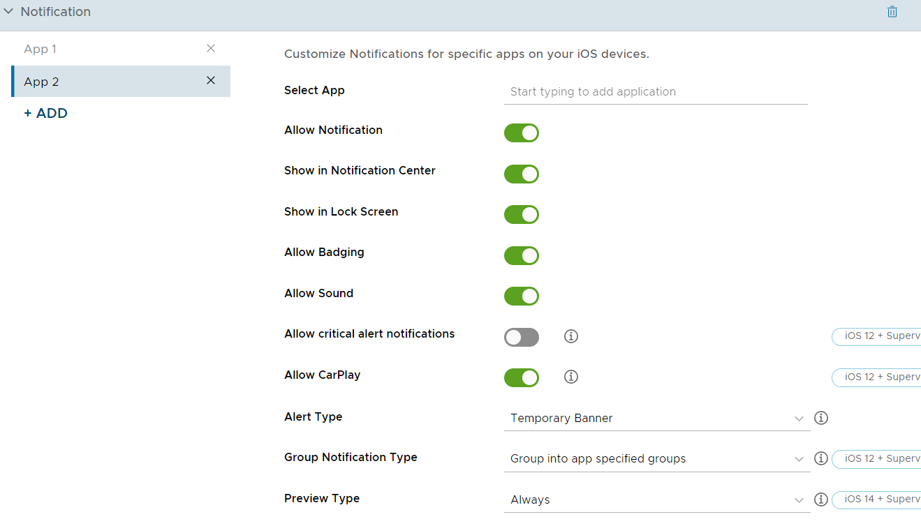 UEM console showing Notifications profile settings page