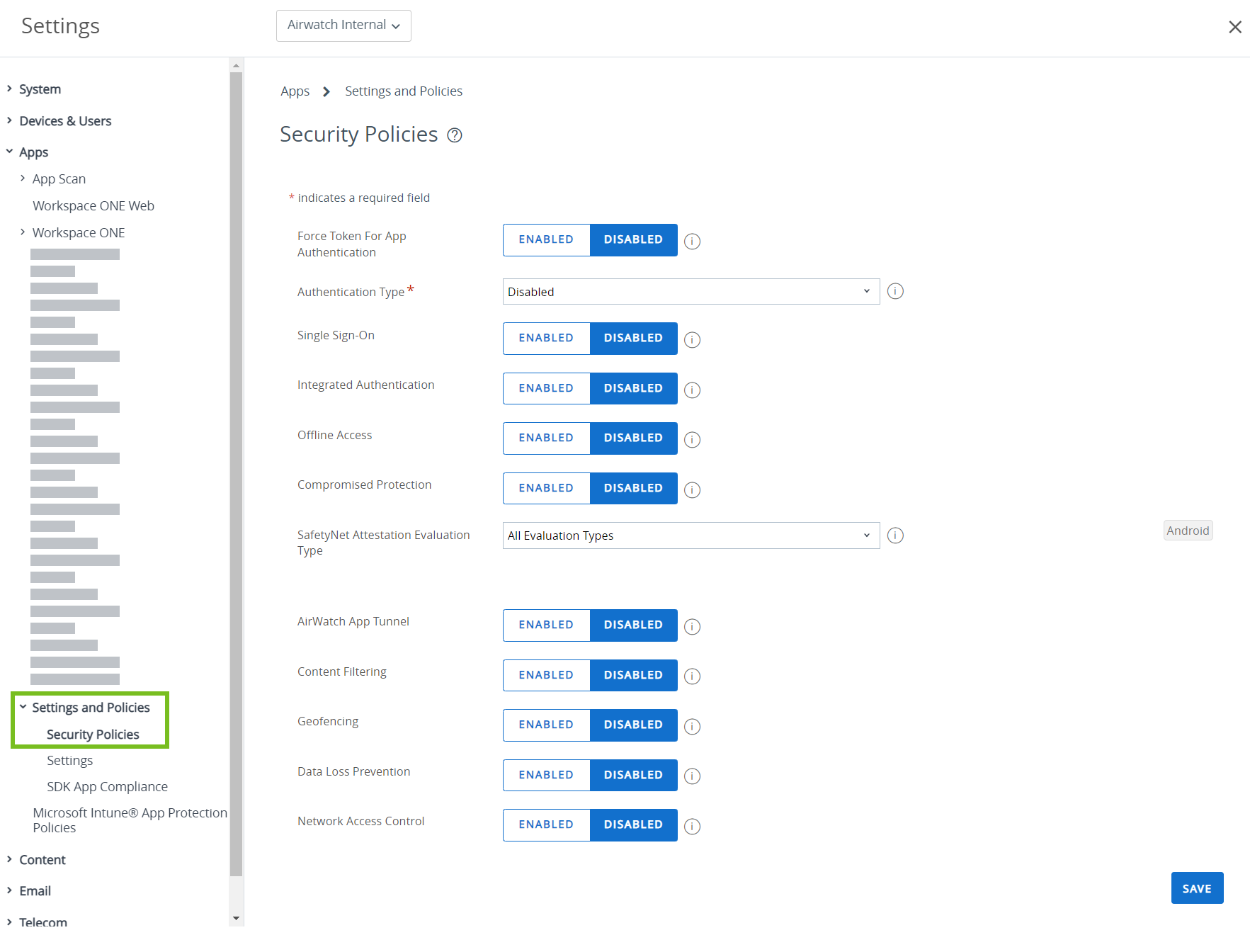 Security Policy page with the Settings and Policies highlighted