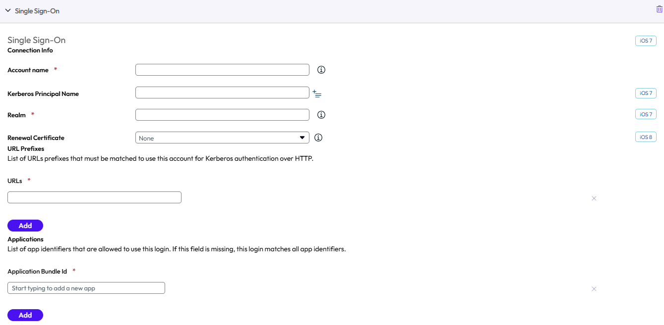 UEM console showing Single Sign-On profile settings page