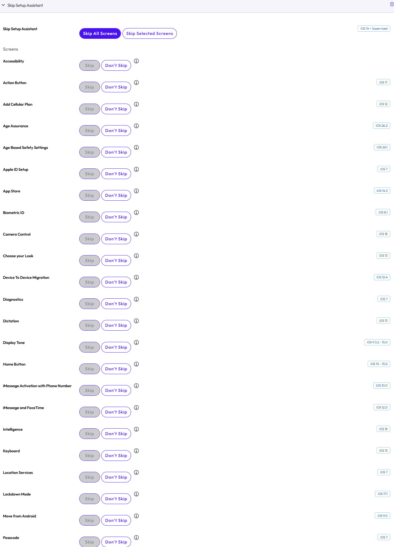 UEM console showing Skip Setup Assistant profile settings page