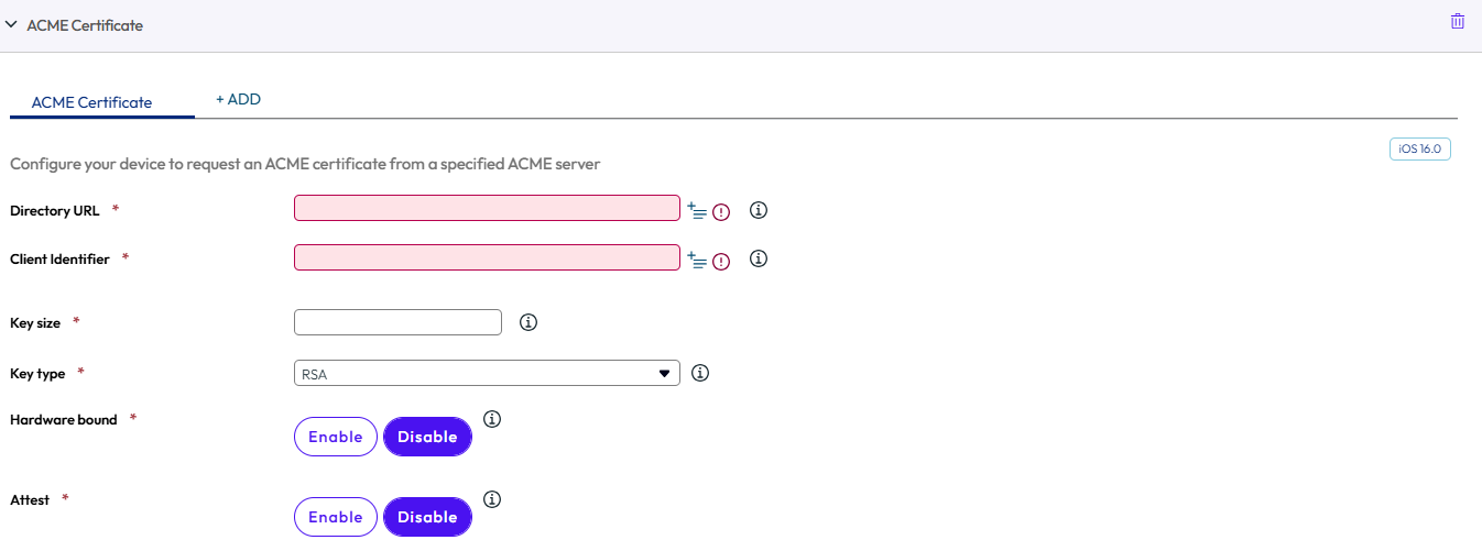 ACME cerificate profile page showing the settings