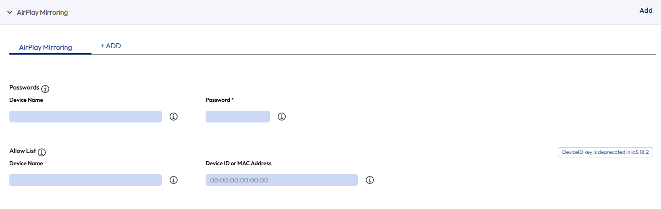 UEM console showing Airplay Mirroring profile settings page