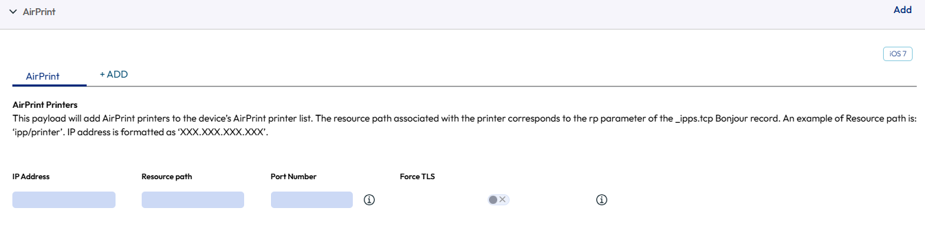 UEM console showing Airprint profile settings page
