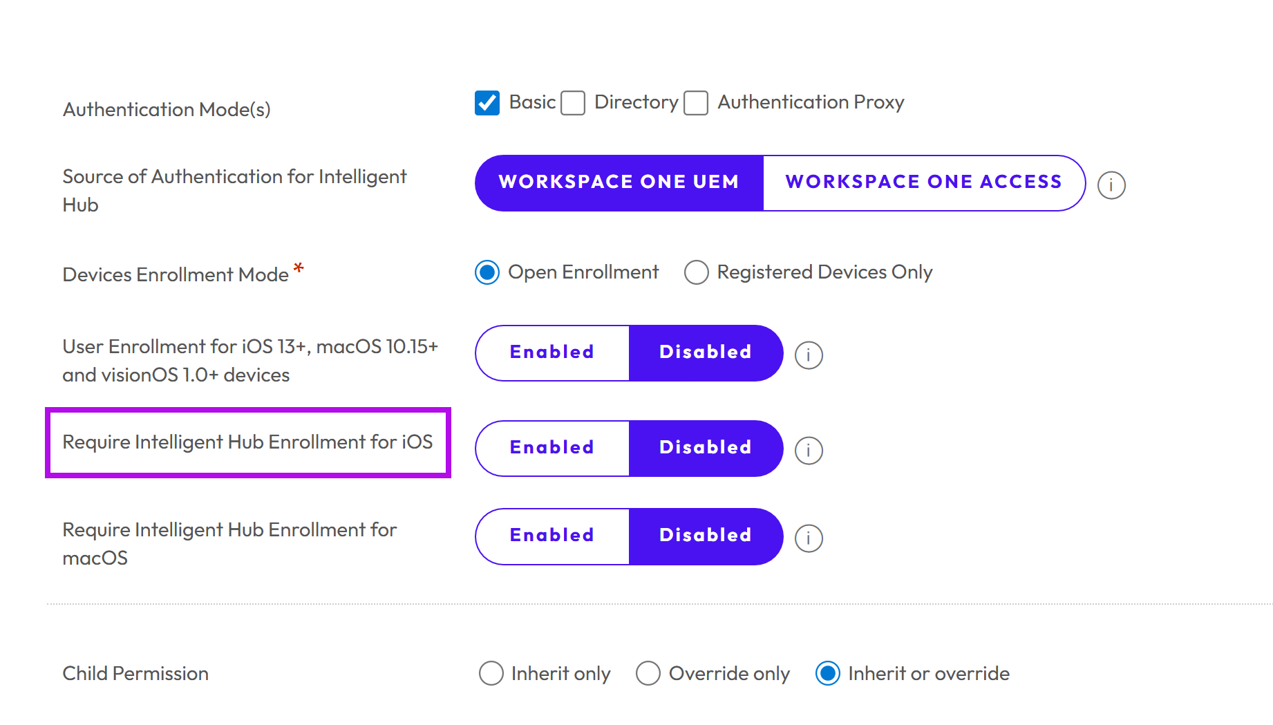 Enrollment window showing authentication modes with the require hub enrollment for iOS option highlighted Enrollment window showing authentication modes with the require hub enrollment for iOS option highlighted