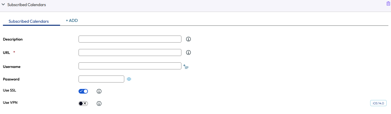 UEM console showing subscribed calendar profile settings page