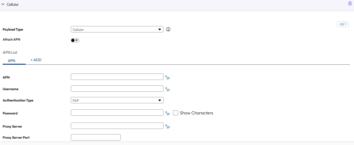 UEM console showing Cellular profile settings page