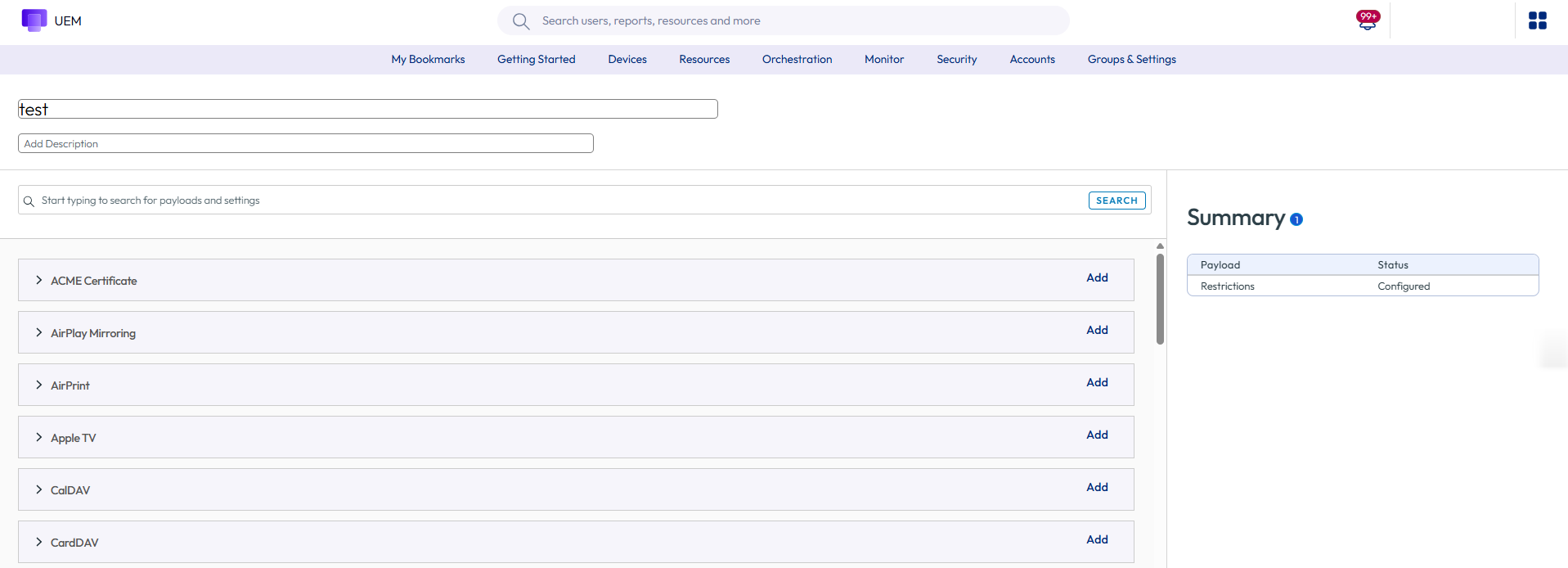 Workspace ONE UEM profie settings page showing list of profiles to add