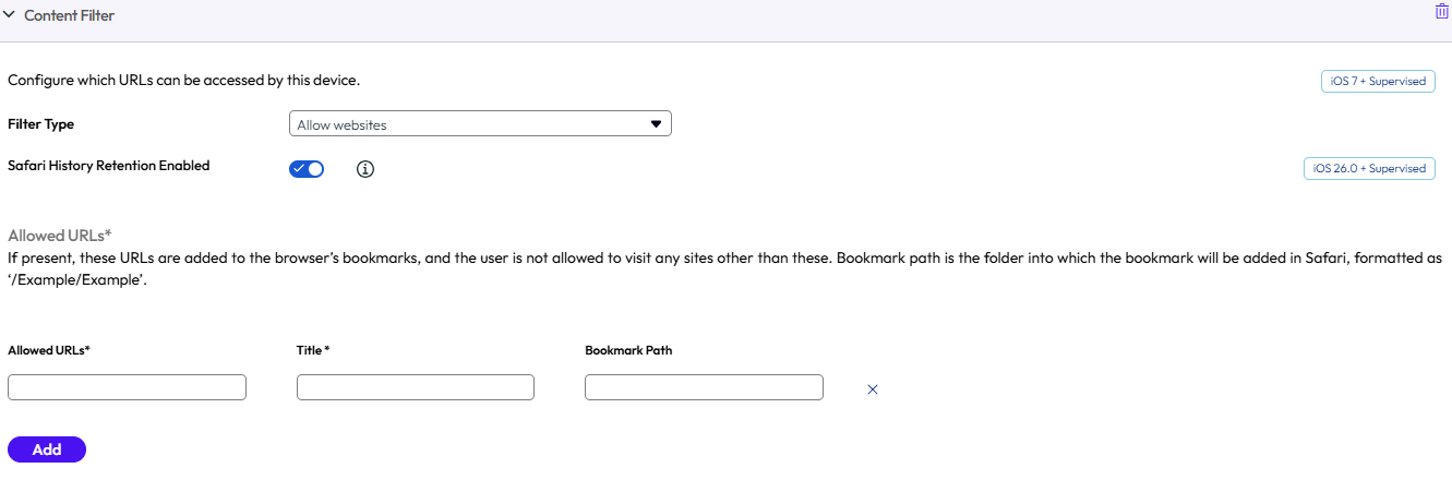 UEM console showing web content filter profile settings page