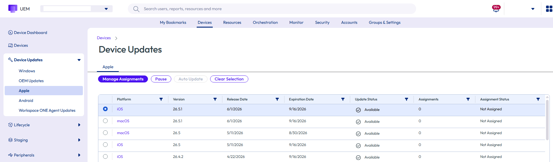 Device updates page displaying manage assignments option highlighted