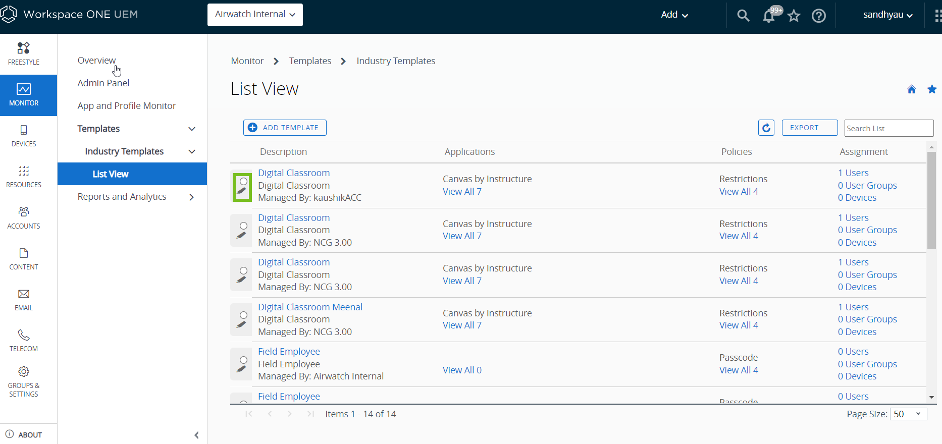 Industry templates list view showing the list of templates with the edit icon highlighted