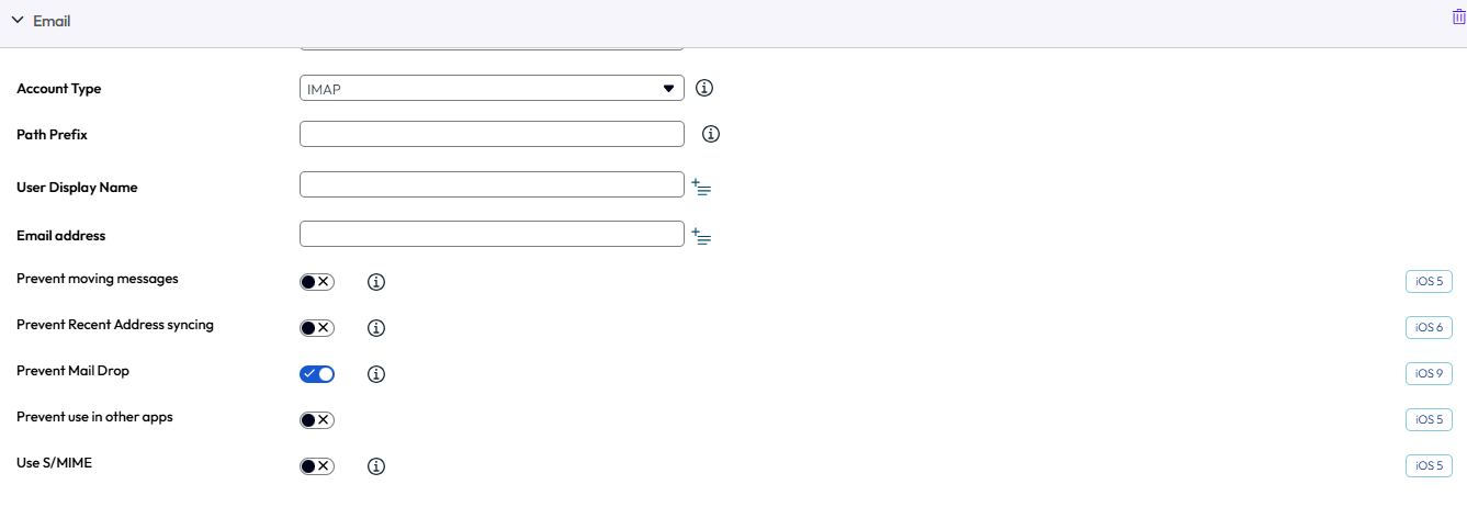 UEM console showing Email Account profile settings page