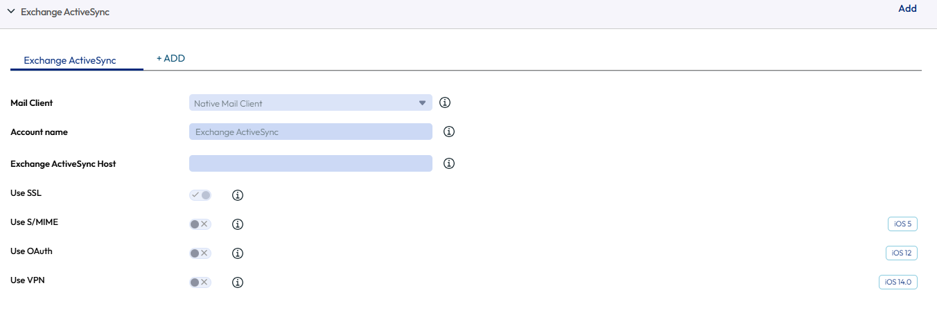 UEM console showing Exchange ActiveSync profile settings page