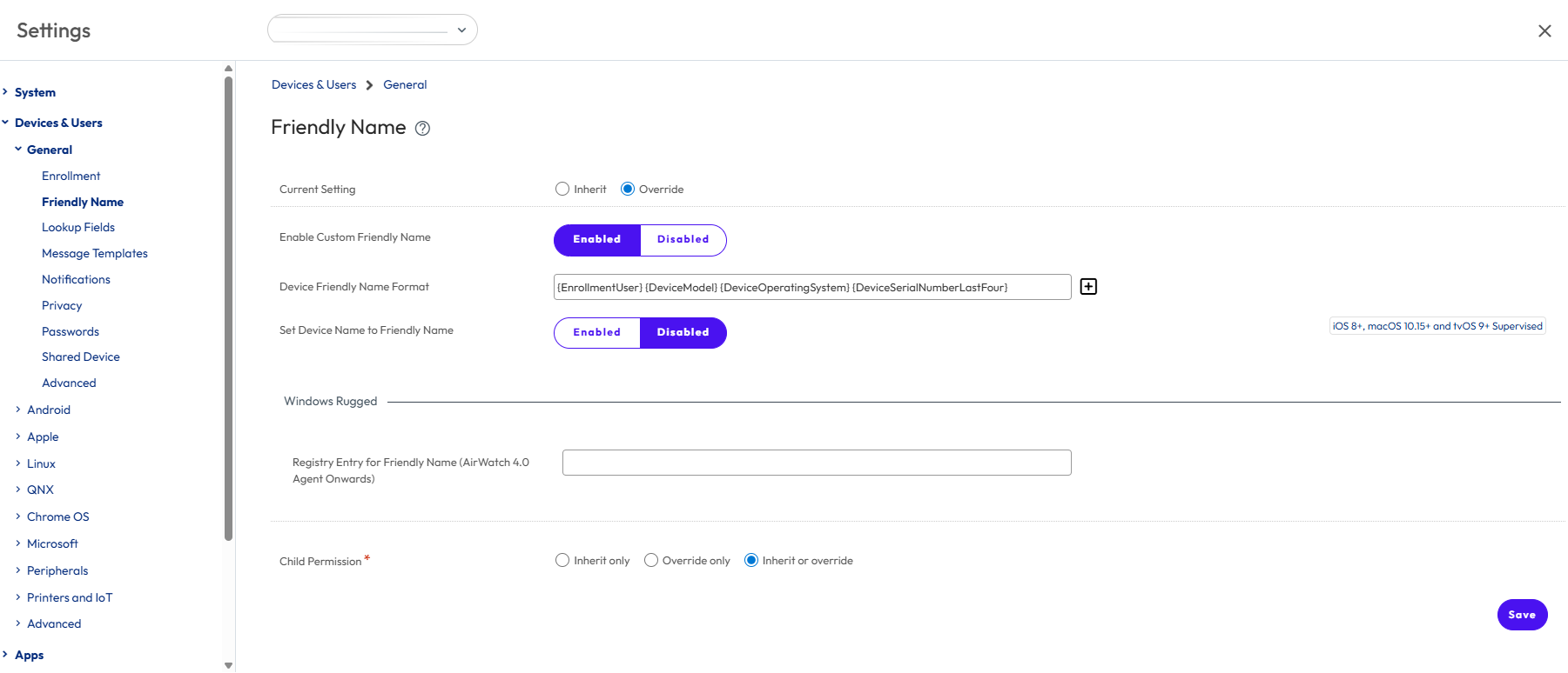 Friendly name page showing various options