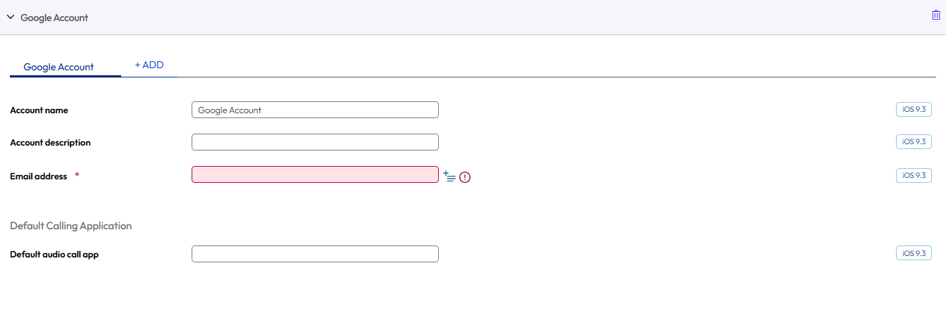 UEM console showing Google account profile settings page