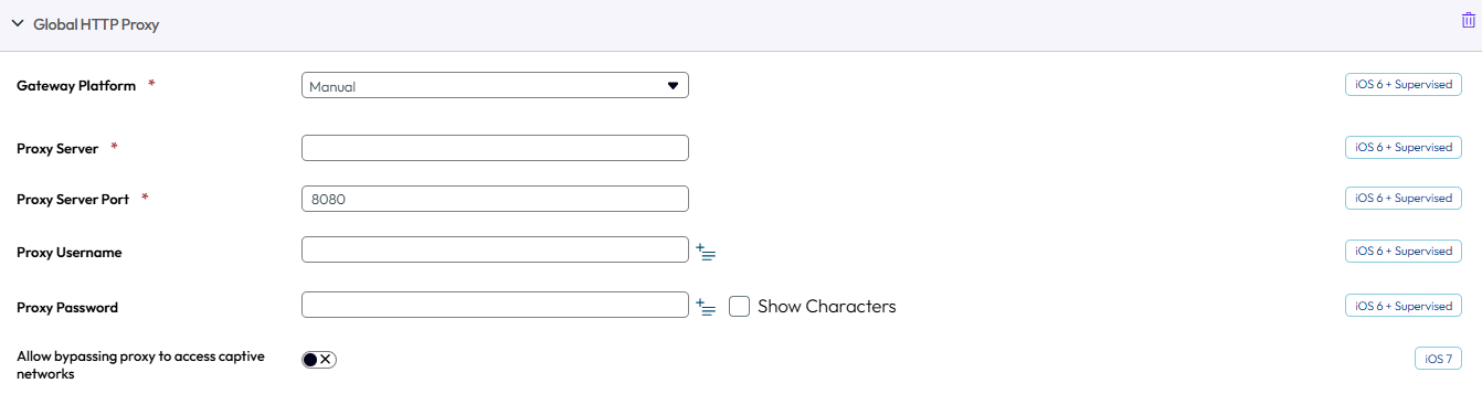 UEM console showing HTTP Proxy profile settings page