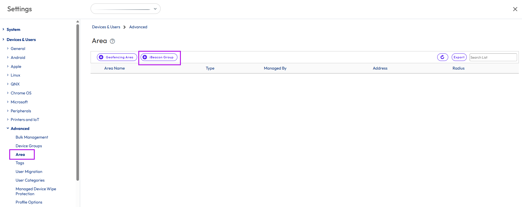 Area settings page showing different ibeacon options with Area and ibeacon group settings highlighted