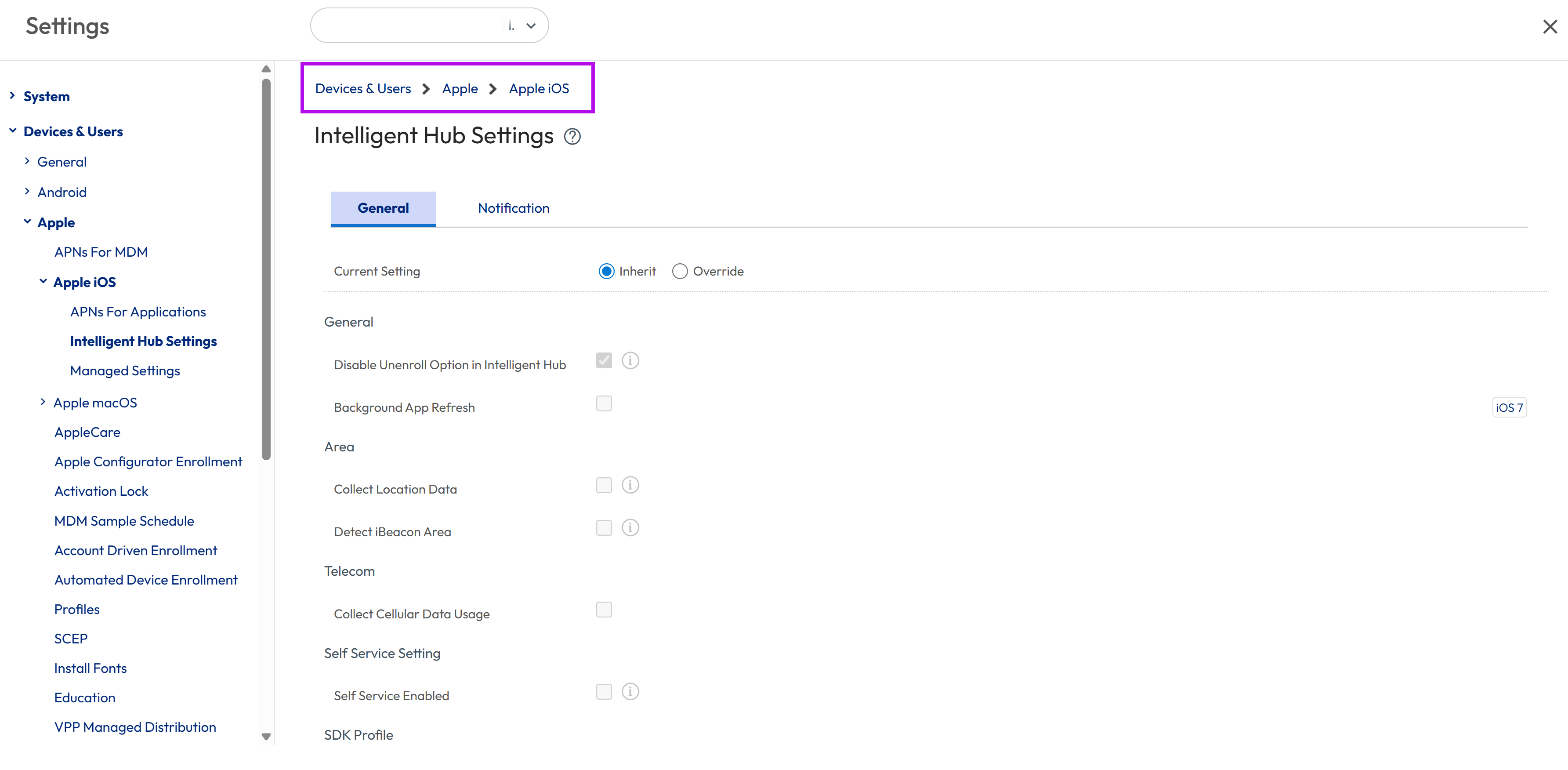 Intelligent Hub settings page showing general and notifications tab with the device and users, Apple and Apple iOS options highlighted