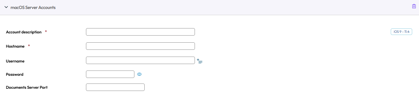 UEM console showing macOS server account profile settings page