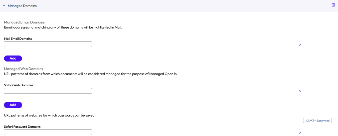 UEM console showing Managed Domains profile settings page