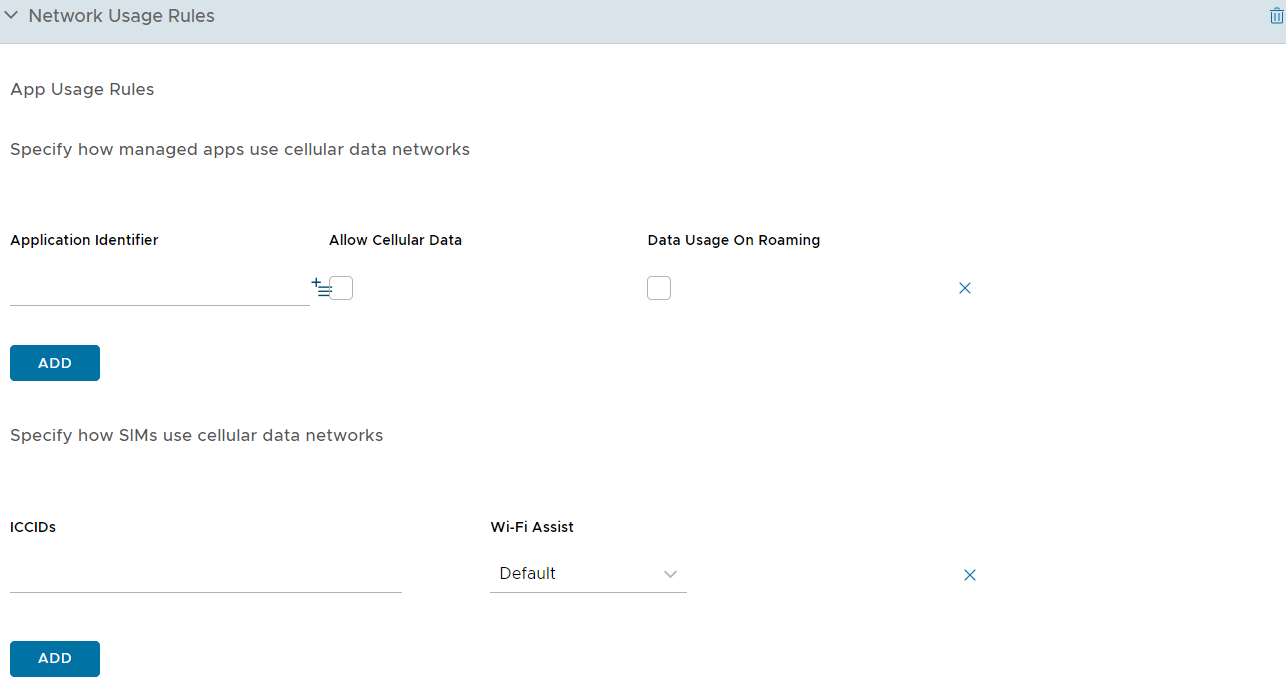 UEM console showing Network Usage profile settings page