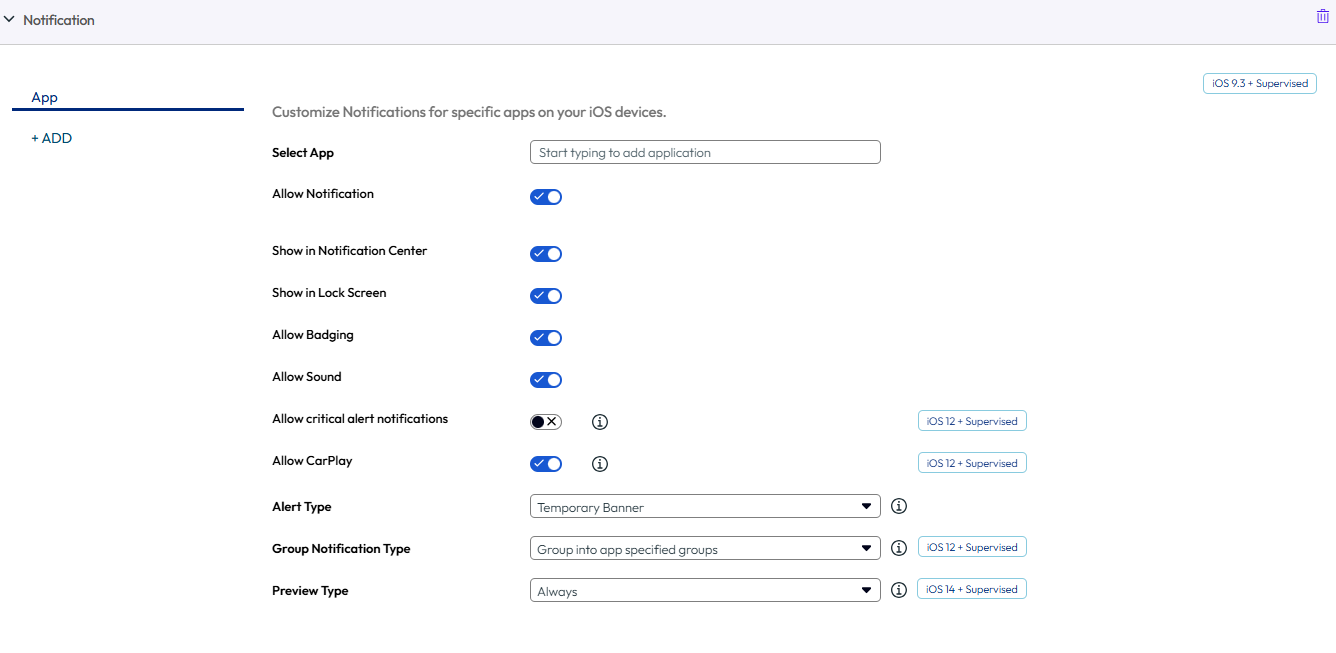 UEM console showing Notifications profile settings page