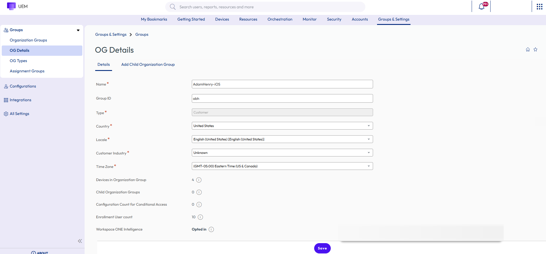 Organization Groups page displaying organization group details Organization Groups page displaying organization group details