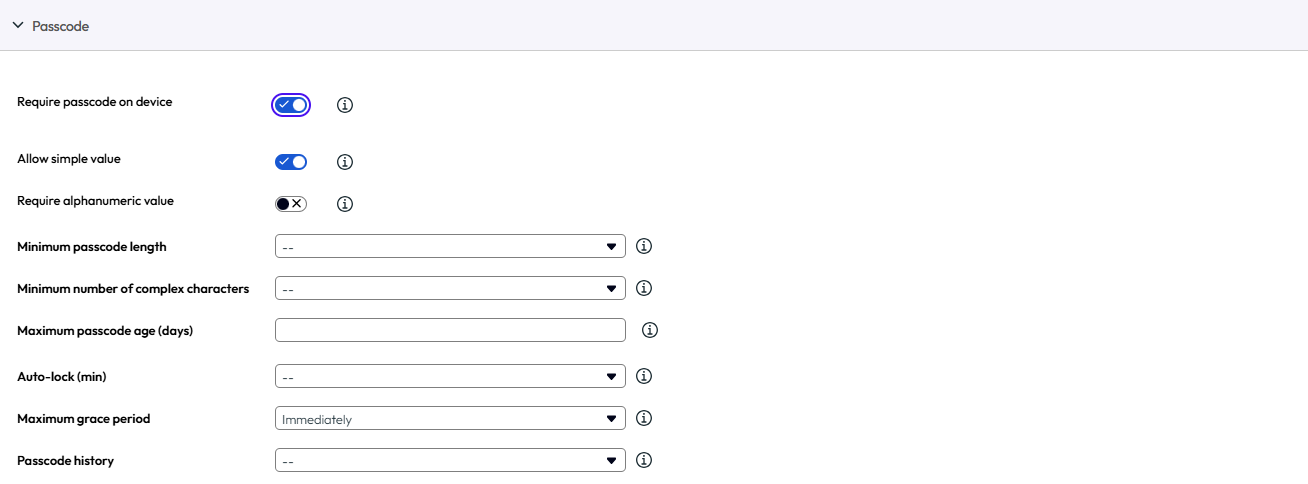 UEM console showing Device Passcode profile settings page