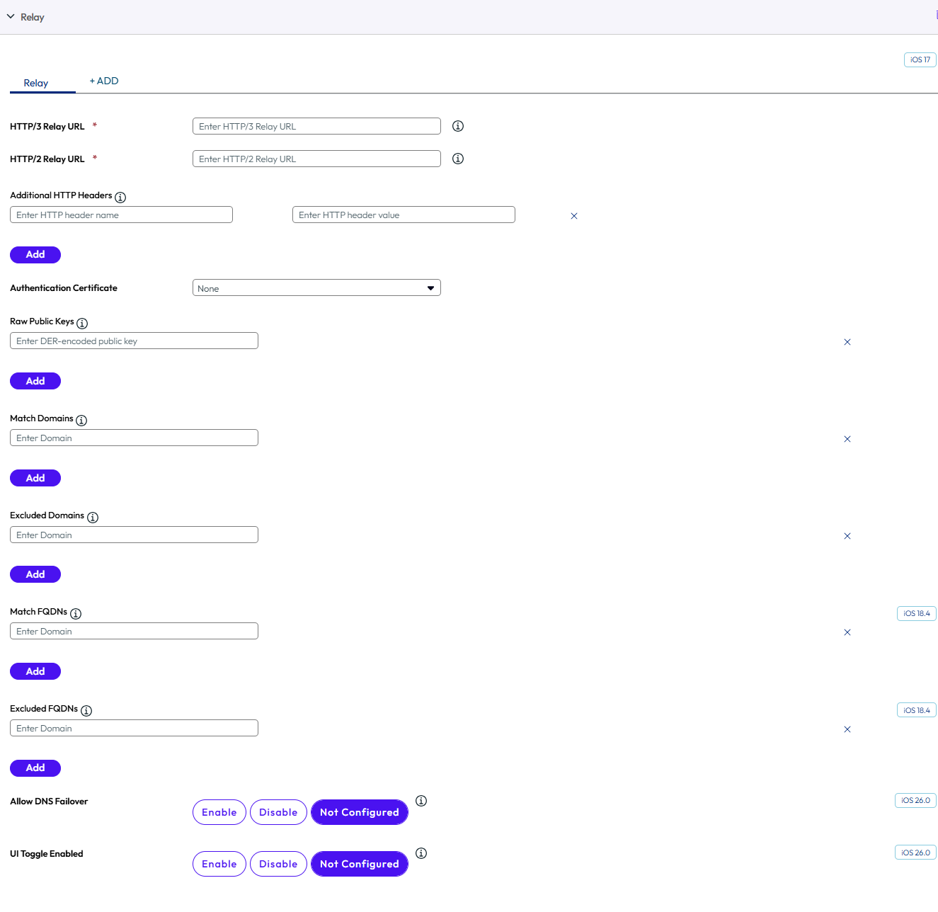 Relay profile page showing the settings