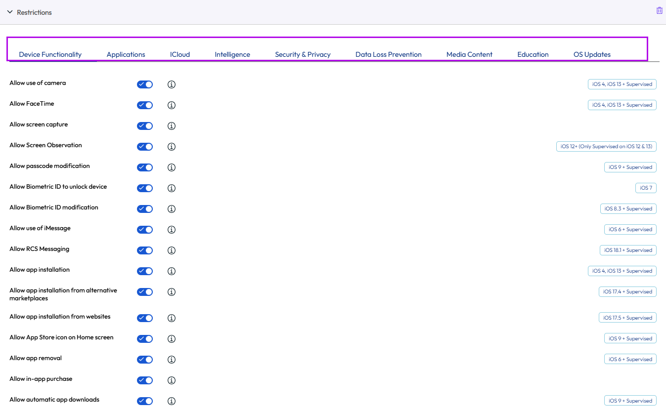 UEM console showing Restrictions profile settings page with Device Functionality, Applications, iCloud restrcitions etc highlighted