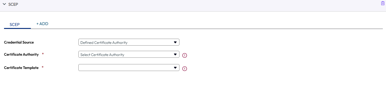 UEM console showing SCEP profile settings page