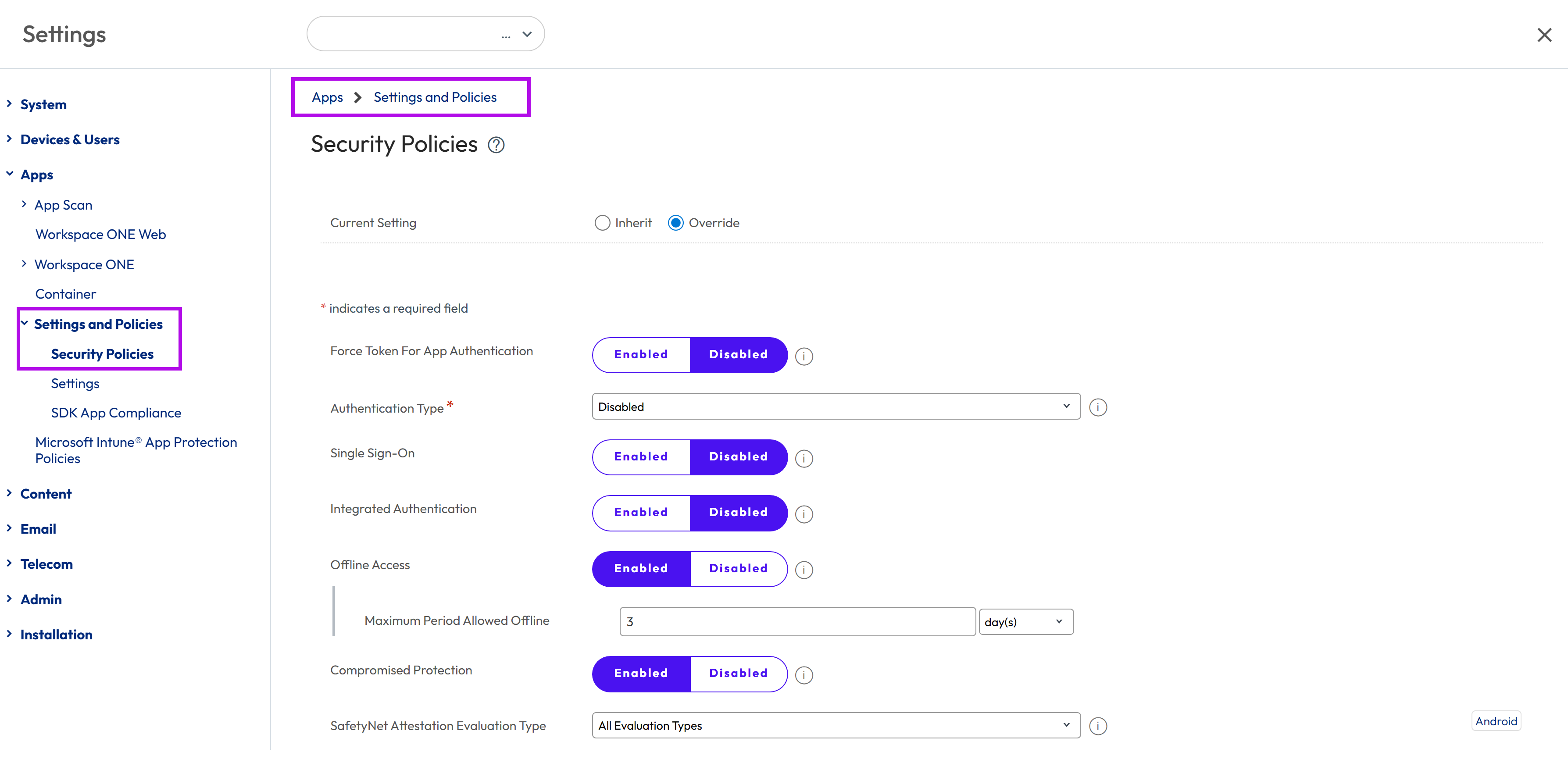 Security Policy page with the Settings and Policies highlighted