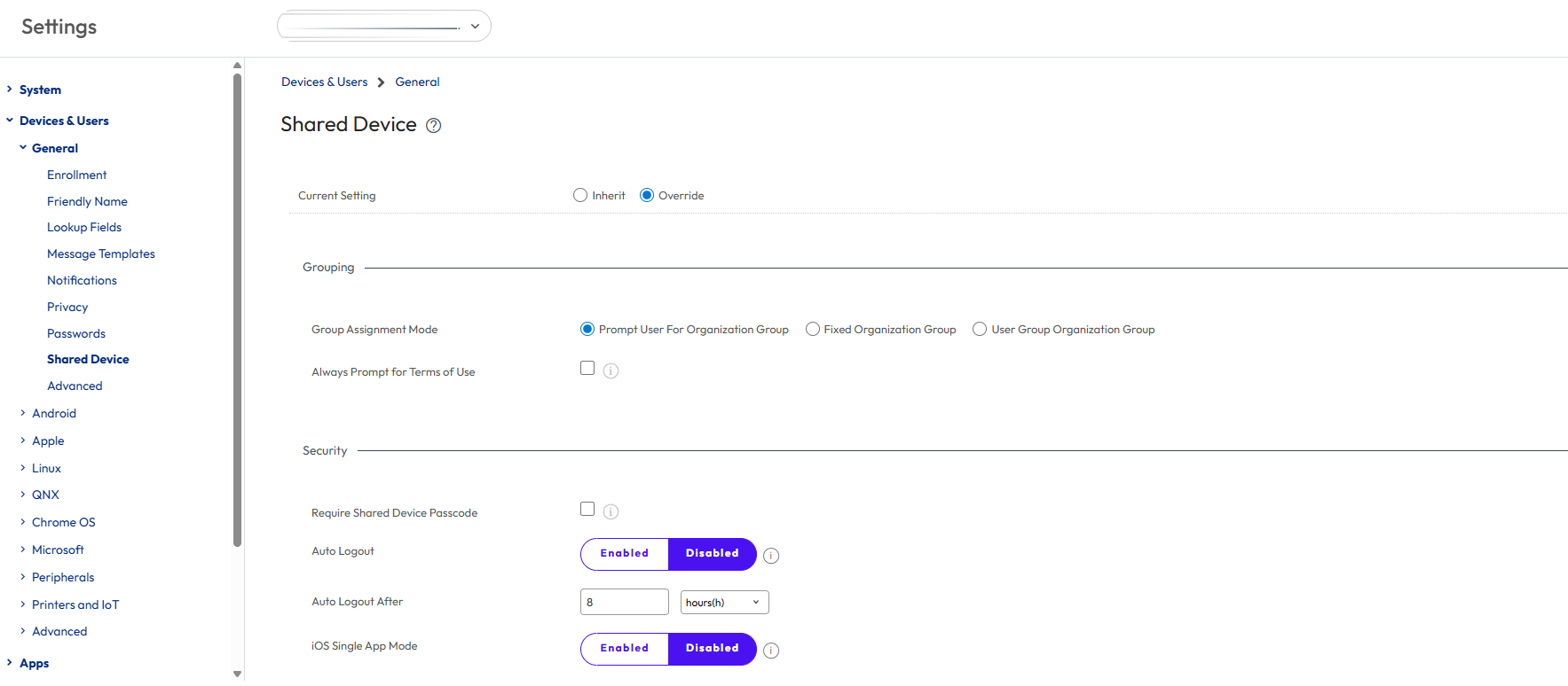 Shared Device settings page Shared Device settings page