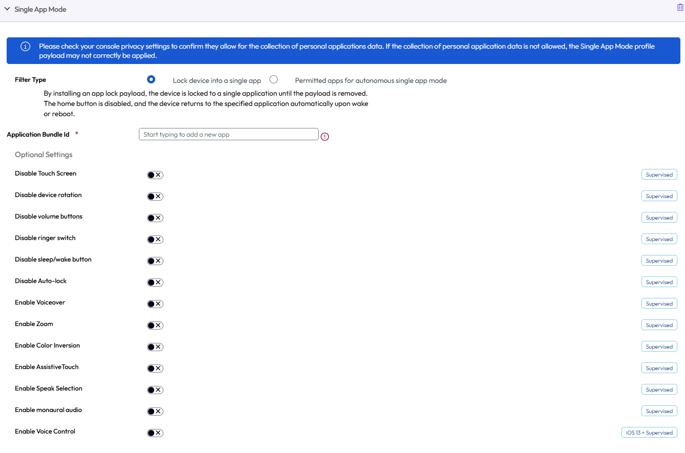 UEM console showing Single App mpde profile settings page