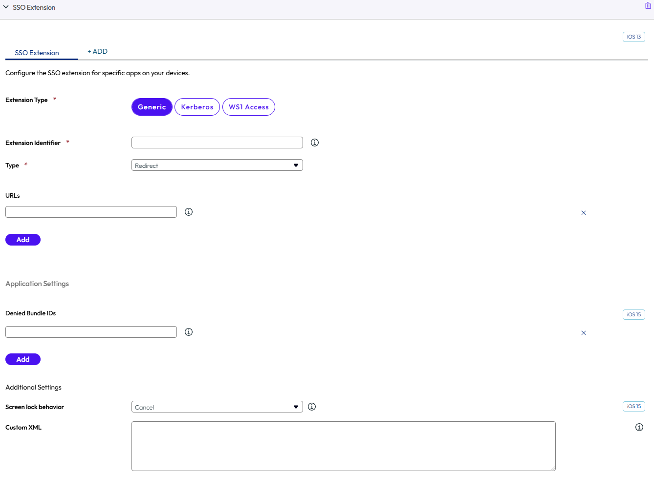 UEM console showing SSO Extension profile settings page