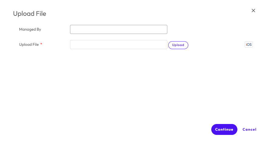 Upload File page showing the Managed By and Upload options