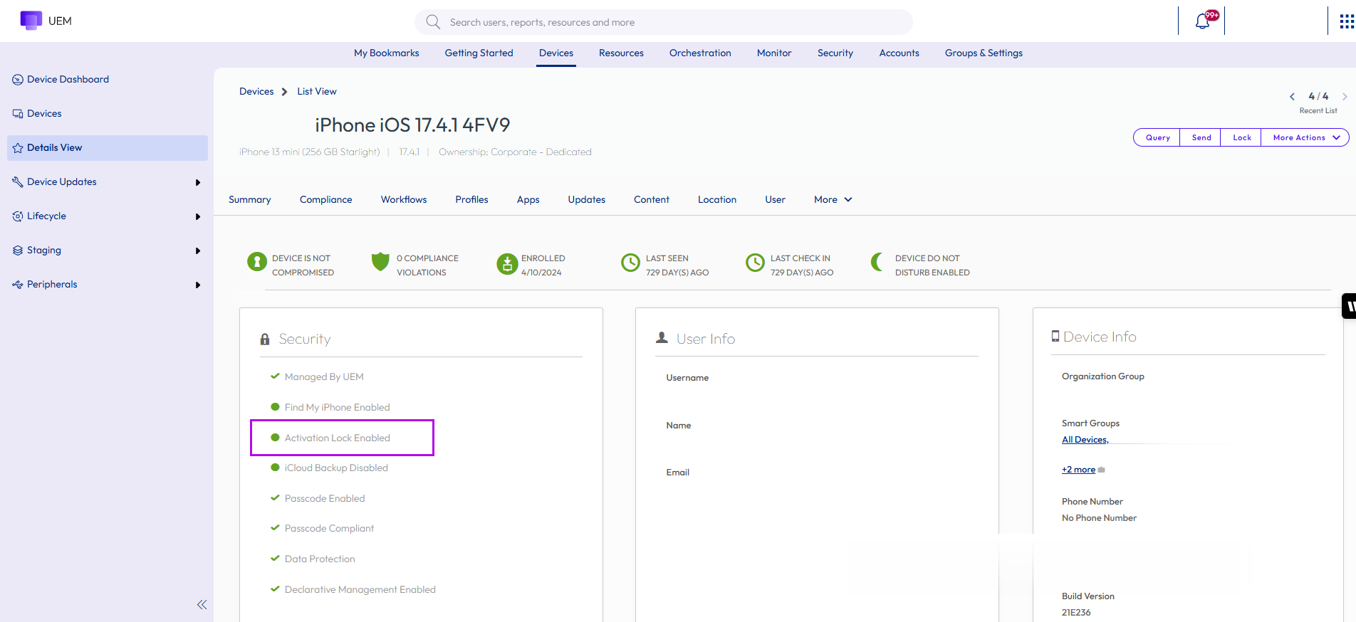 Device details page showing the secutity section Device details page showing the secutity section
