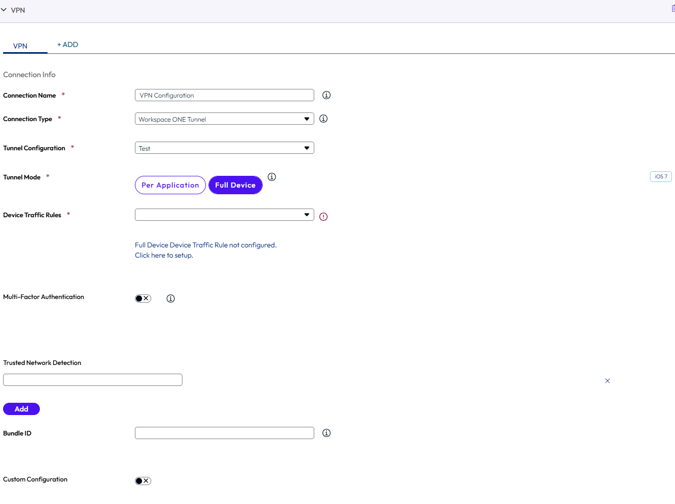 UEM console showing Notifications profile settings page
