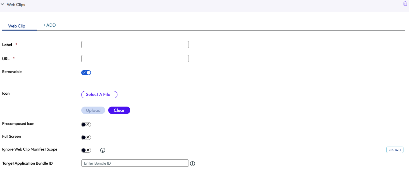 UEM console showing Web Clips profile settings page