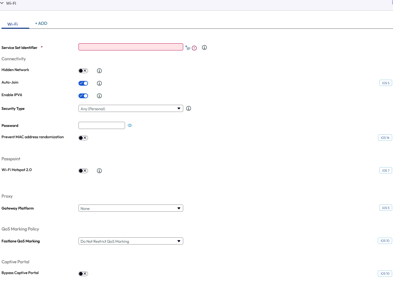 UEM console showing Wi-Fi profile settings page