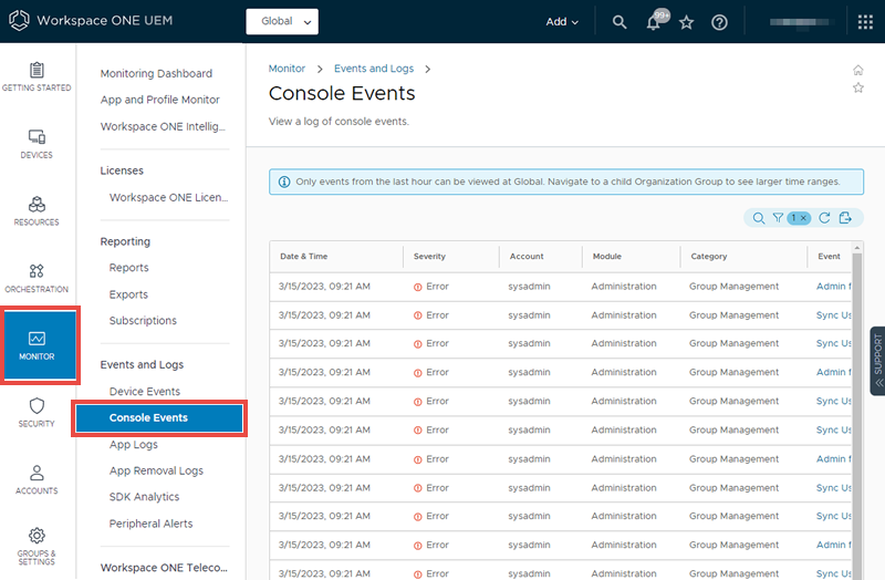 Questa schermata mostra la pagina Eventi della console, che consente di esaminare il registro eventi della console. Questa schermata mostra la pagina Eventi della console, che consente di esaminare il registro eventi della console.