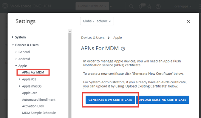Questa schermata mostra le Impostazioni di sistema APN per MDM e il pulsante Genera nuovo certificato.