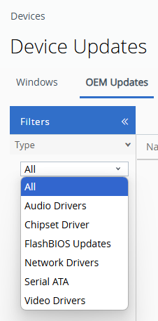 Questo screenshot parziale mostra il pannello Aggiornamenti dispositivo in UEM, con tutti i filtri per la scheda OEM