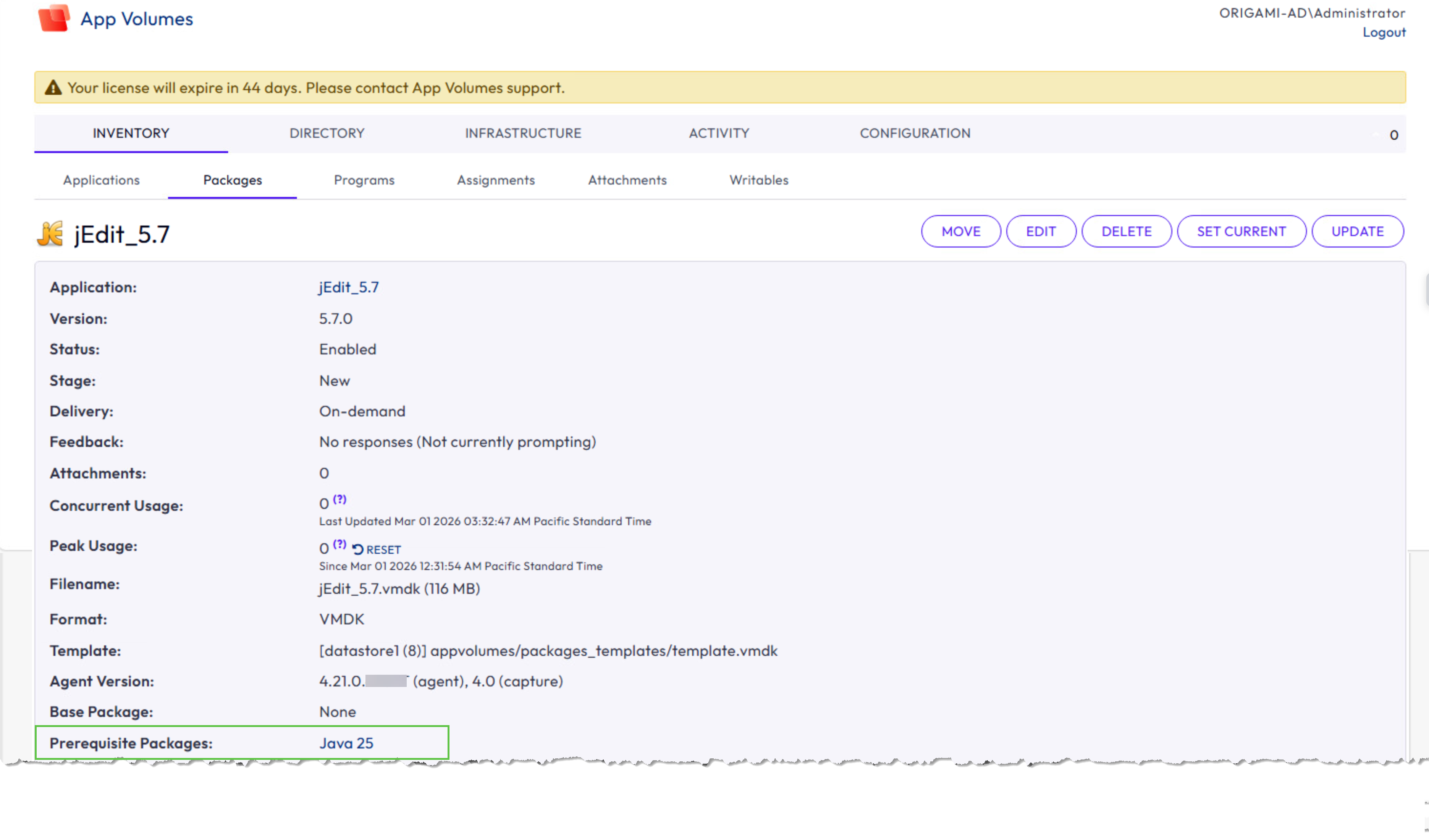 jEdit_5.7 のパッケージの詳細ページに [Prerequisite Packages] フィールドがあり、Java 25 が前提条件パッケージになっています。