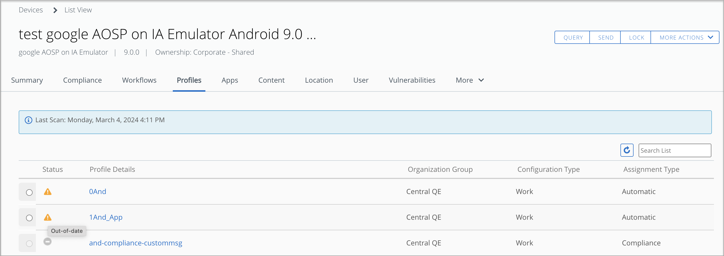 UEM Console からのプロファイル リスト表示ページが表示されます