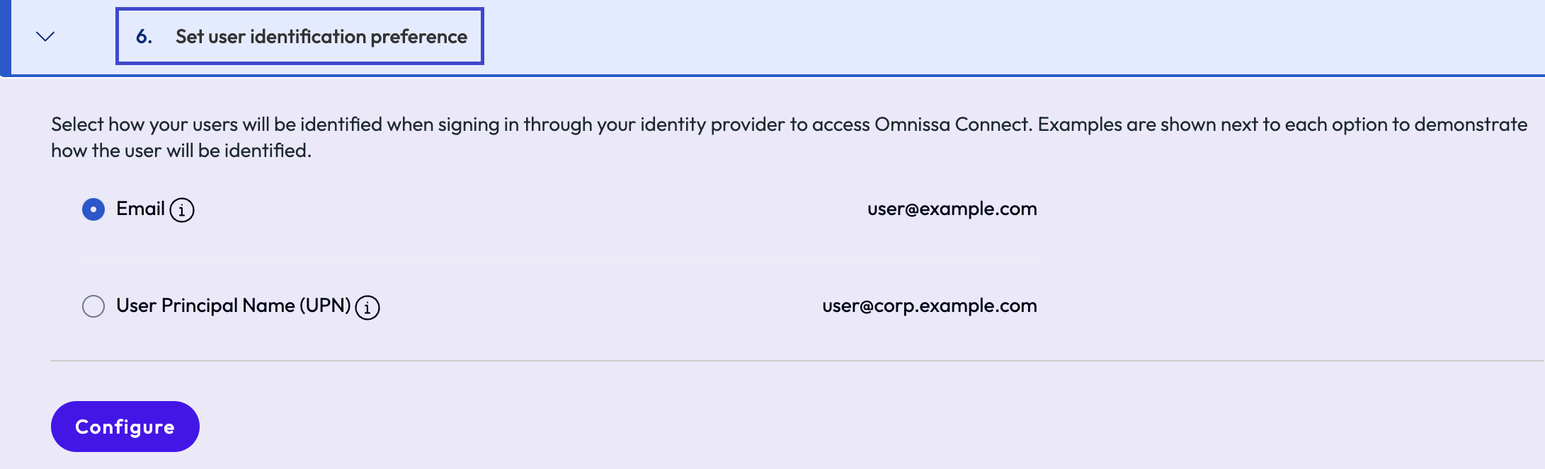 Connect で、ユーザーを識別するために E メールと UPN のどちらを使用するかを構成します。