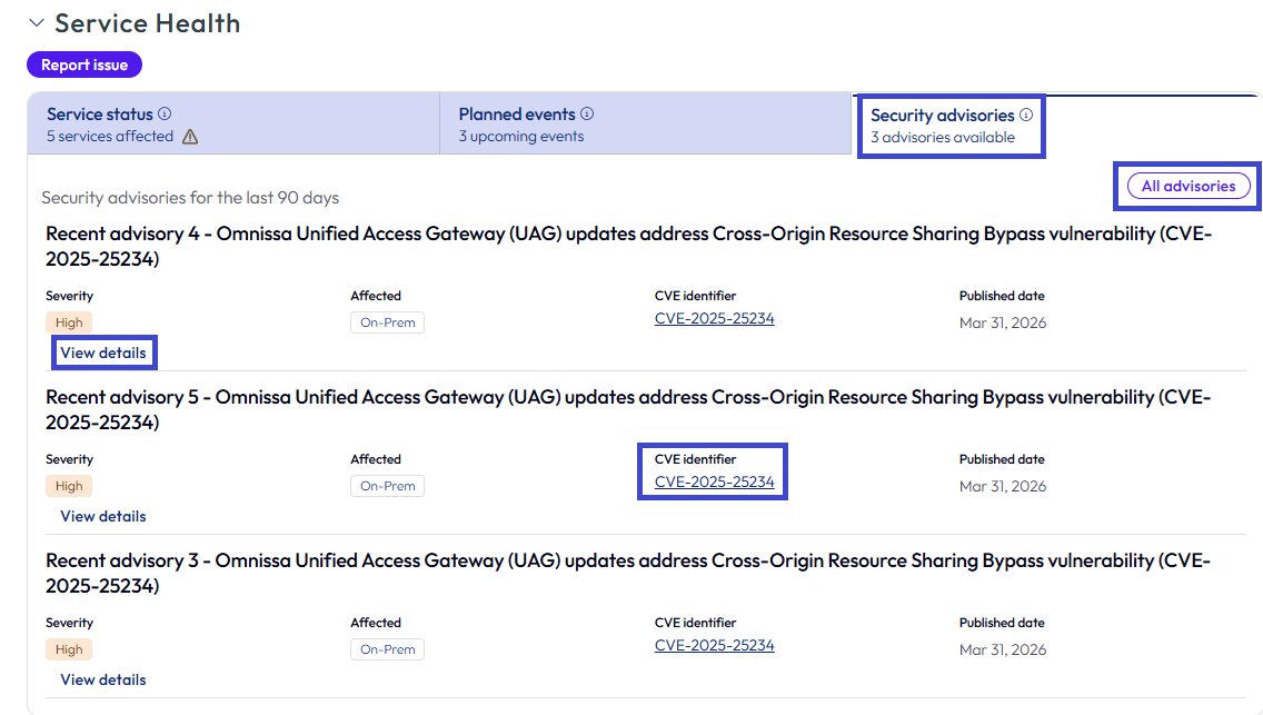 Omnissa サービスについて公開されているすべてのセキュリティ アドバイザリのリストを参照してください。