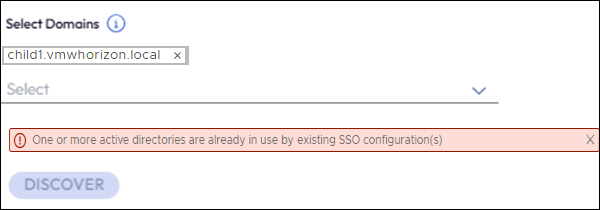 選択したドメインが別の SSO 構成ですでに使用されていることを示す検証エラー メッセージ。 選択したドメインが別の SSO 構成ですでに使用されていることを示す検証エラー メッセージ。