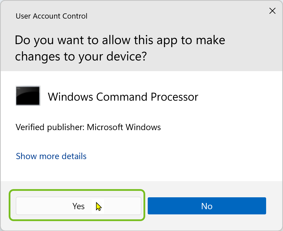 [はい] を選択して、Windows コマンド プロセッサを続行できるようにします。