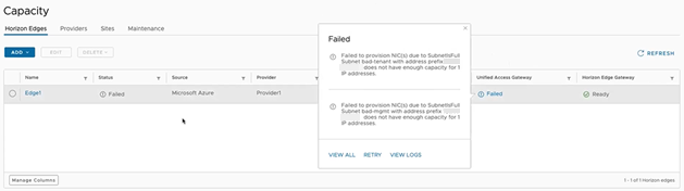 Unified Access Gateway の [失敗] 状態が選択されている場合、Horizon Edge リストに詳細とオプションが表示されます